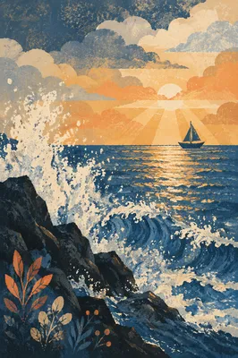 Golden Hour Waves on Rocky Shore