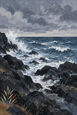 Moody Ocean Waves on Rocky Shore