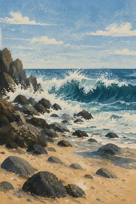 Ocean Waves Crashing on Rocky Shore