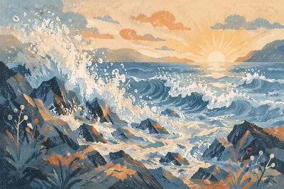 Dawn Waves Crashing on Rocky Coast
