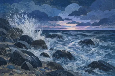 Dramatic Ocean Waves at Rocky Blue Hour Shore