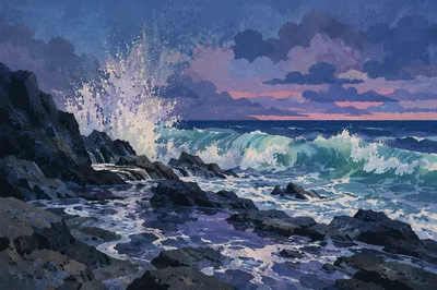 Ocean Waves Crashing on Rocky Shore