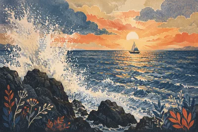 Golden Hour Waves on Rocky Shore