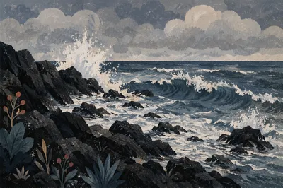 Moody Ocean Waves on Rocky Shore