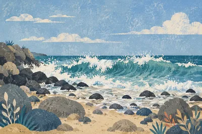 Ocean Waves Crashing on Rocky Shore