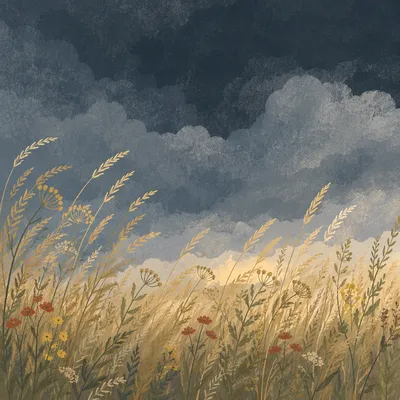 Moody Overcast Sky Above Summer Meadow