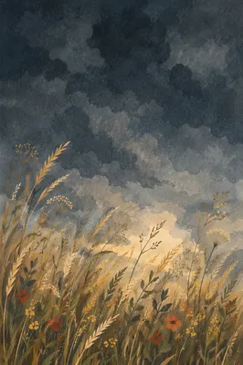 Moody Overcast Sky Above Meadow Grass