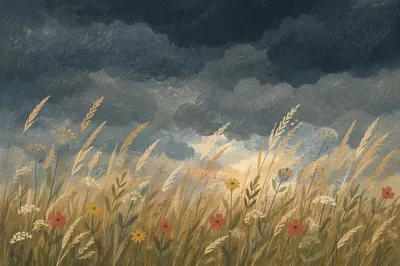 Moody Overcast Sky Above Summer Meadow