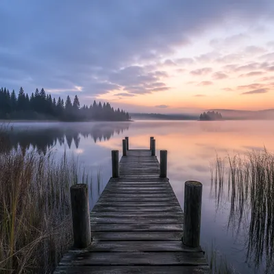 Peaceful Wooden Pier at Misty Morning Lake