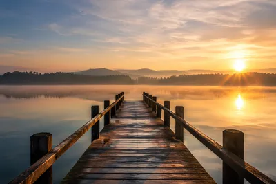 Peaceful Sunrise Pier Over Calm Lake