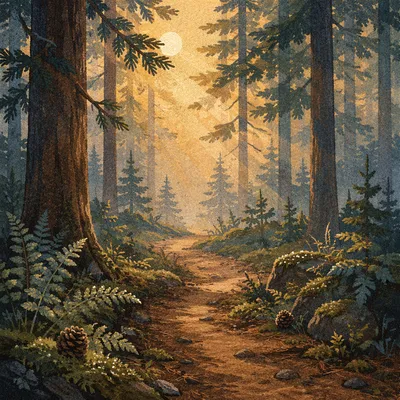 Morning Sun Through Pine Forest Trail