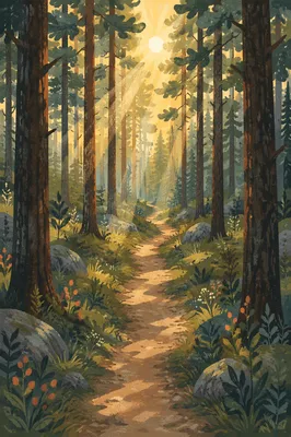 Morning Sunlit Pine Forest Trail