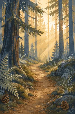 Morning Sun Through Pine Forest Trail