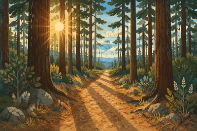 Morning Sunlit Pine Forest Trail