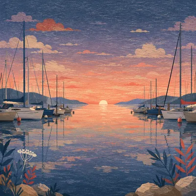 Pink Sunrise Over Calm Marina Sailboats