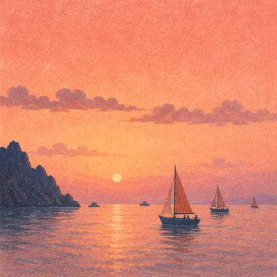 Pink Sunrise Over Calm Bay Sailboats