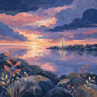 Pink Sunrise Over Calm Bay Sailboat