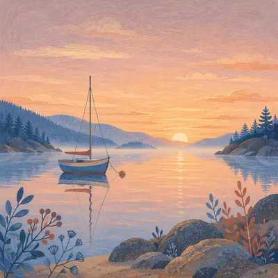 Pink Sunrise Over Calm Bay Sailboat