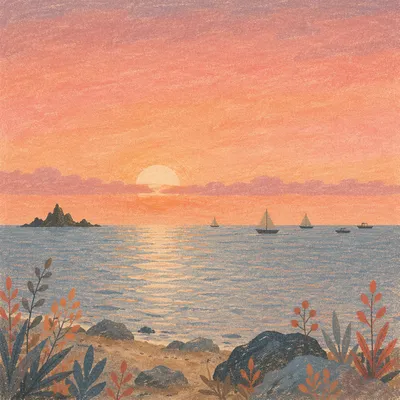 Pink Sunrise Over Calm Bay Sailboats