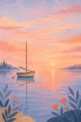 Pastel Sunrise Sailboat on Calm Bay