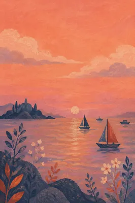 Pink Sunrise Over Calm Bay Sailboats