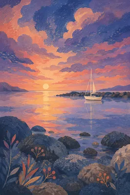 Pink Sunrise Bay with Quiet Sailboat