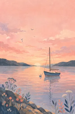 Pink Sunrise Sailboat Over Calm Bay