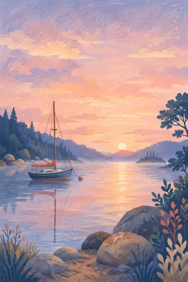 Pink Sunrise Over Calm Bay Sailboat