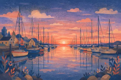 Pink Sunrise Over Calm Marina Sailboats