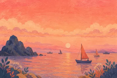 Pink Sunrise Over Calm Bay Sailboats