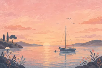 Pink Sunrise Over Calm Bay Sailboat