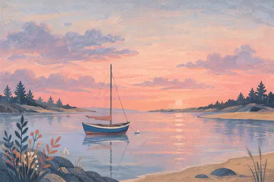 Pink Sunrise Over Calm Bay Sailboat
