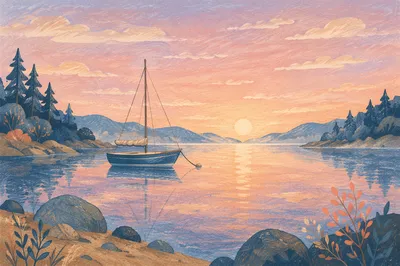 Pink Sunrise Over Calm Bay Sailboat