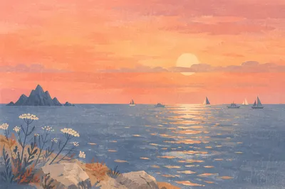 Pink Sunrise Over Calm Bay Sailboats
