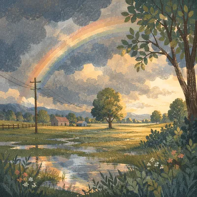 Pastel Rainbow Over Rainy Countryside Sky