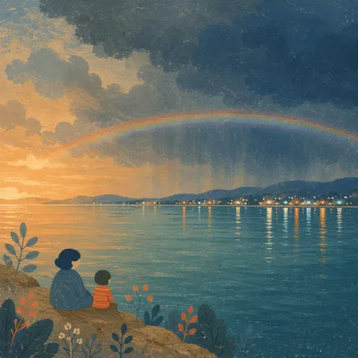 Rainbow Over Calm Bay After Rain
