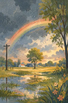 Pastel Rainbow Over Rain-Soaked Countryside