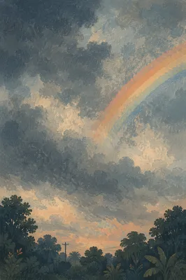 Soft Rainbow Over Rainy Evening Sky