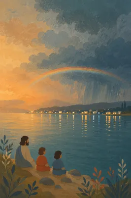 Rainbow Over Calm Bay After Rain