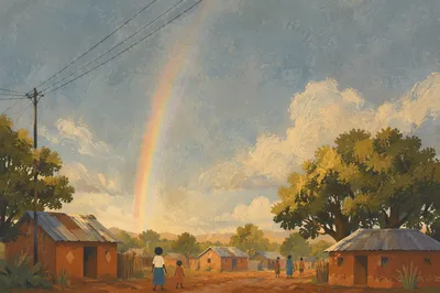 Hopeful Rainbow Over Rural Village Sky