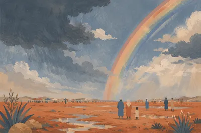 Rainbow Over Sandy Plain After Rain