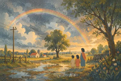 Pastel Rainbow Over Quiet Country Field