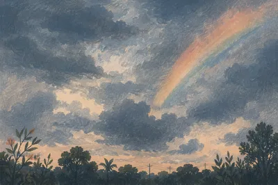 Soft Rainbow Over Rainy Evening Sky
