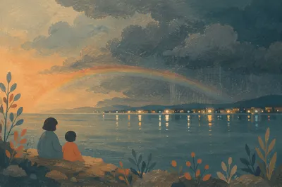 Rainbow Over Calm Bay After Rain