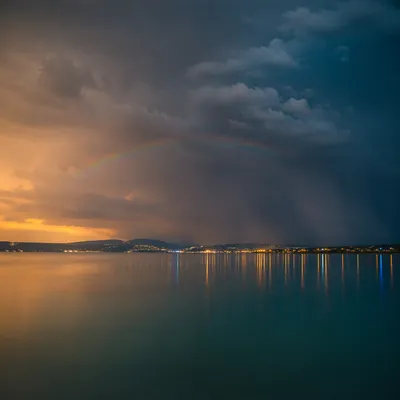 Rainbow Over Calm Bay After Rain