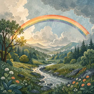 Hopeful Rainbow Over Misty Green Valley
