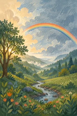 Hopeful Rainbow Over Misty Green Valley