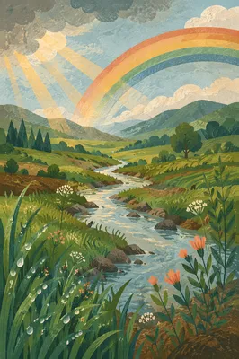 Rainbow Over Green Valley After Rain