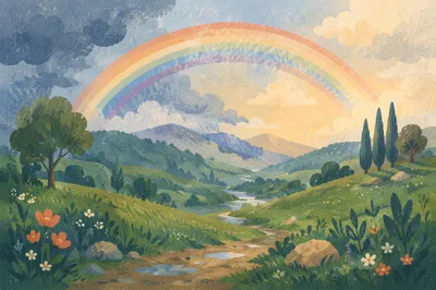 Hopeful Rainbow Over Rain-Washed Green Valley