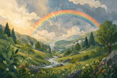 Hopeful Rainbow Over Misty Green Valley